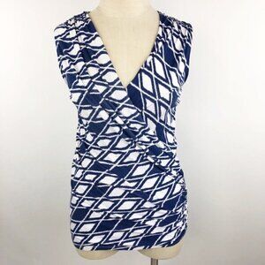 41 Hawthorne Navy White Diamond Pattern Cross Surplice Front Sleeveless Knit Top